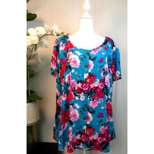 Torrid Blue Pink Floral Rayon Button-Front Flutter Sleeve Top/Blouse-Size 3X